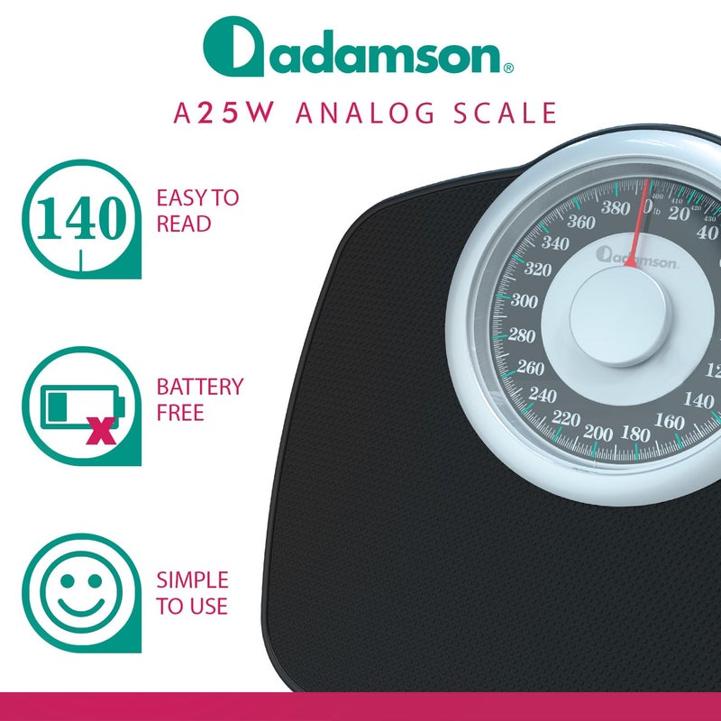 Adamson ميزان A25T لوزن الجسم - حتى 400 رطل - قرص 5.3 بوصة على منصة 12.4 بوصة × 10.2 بوصة - سطح مطاطي مضاد للانزلاق - ميزان حمام تناظري عالي الدقة - متين مع ضمان لمدة 20 عامًا - Image 3